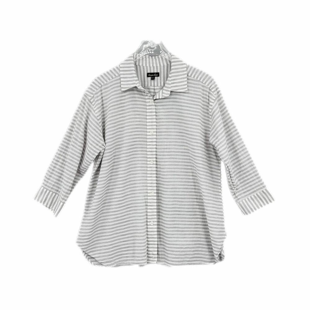 Steven Alan Gray White Stripe Waist Wrap Button Up 100% Cotton 3/4 Sleeve Top - Picture 7 of 11